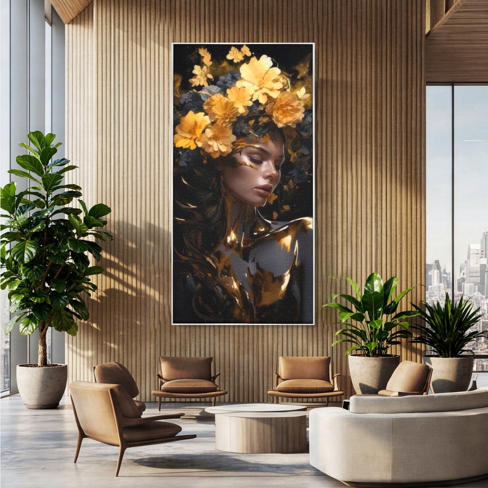 Tablou canvas cu tablou canvas cu portret de femeie aurita, in rama de aluminiu argintiu, pe perete intr-un birou
